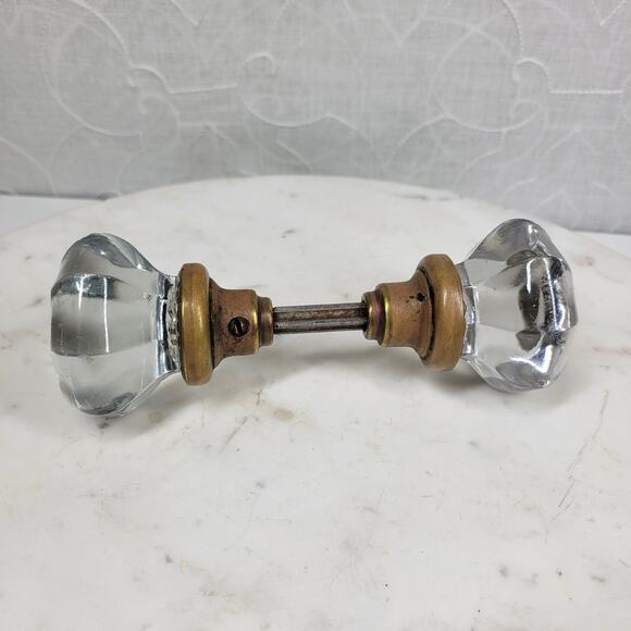 Antique Victorian 8 Point Crystal Door Knob Clear Glass 3 Inch Brass Rod Handle - Picture 2 of 13